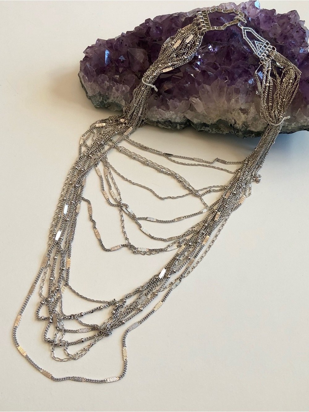 NEW Chloe + Isabel Multi Strand LayeredChain Bib Necklace Antique Silver Crystal